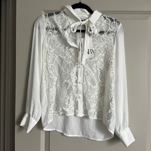 White Zara lace blouse with neck tie